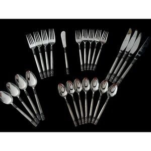 VTG Stanley Roberts Stainless Japan Flatware Set 25 Pc Leaf Rope Service 4 Uniqu